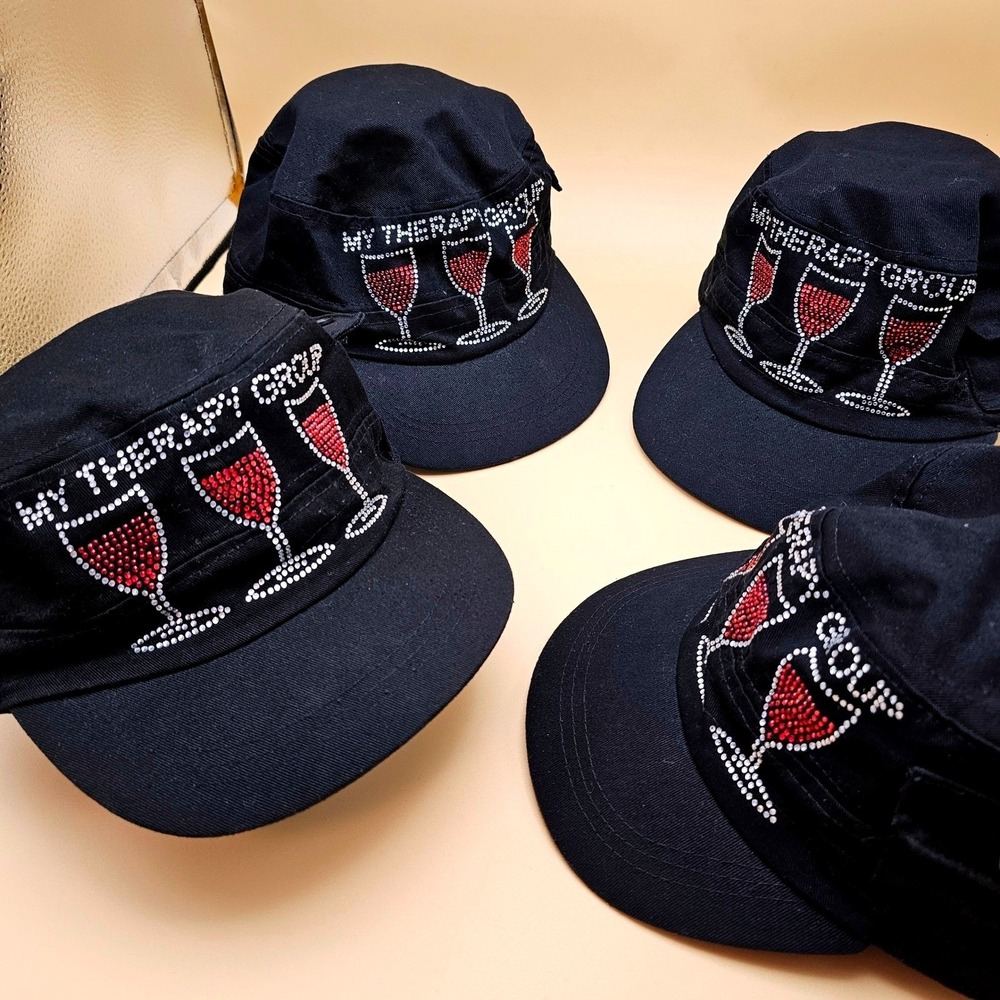Black Military Style Baseball Caps Rhinestone Wine Glass My Therapy Group